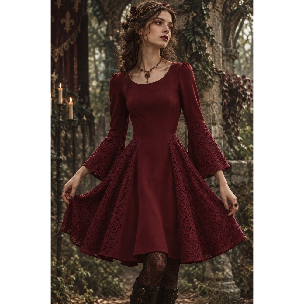 Altar'd State Burgundy Lace Bell Sleeve Dress Renaissance Fairytale Whimsigoth